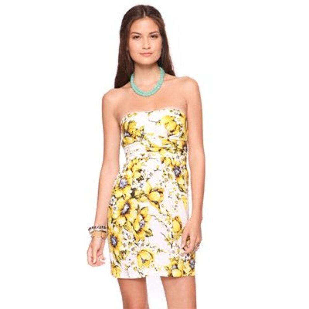 Forever 21 Flower Print Strapless Mini Dress Cream Yellow Sundress Womens L